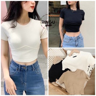 Áo croptop kiểu cổ tròn phối viền nổi siêu xinh chất thun gân- Ringu shop