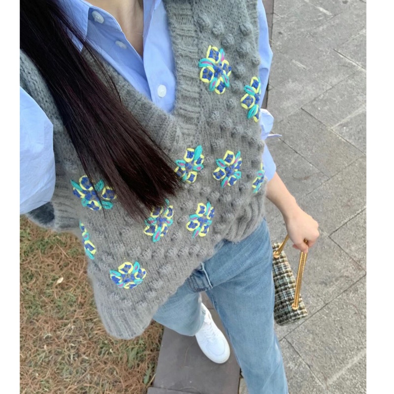 Áo Sweater Dệt Kim Sát Nách Cổ v Kiểu Retro Hàn Quốc Thời Trang Mùa Thu Năng Động