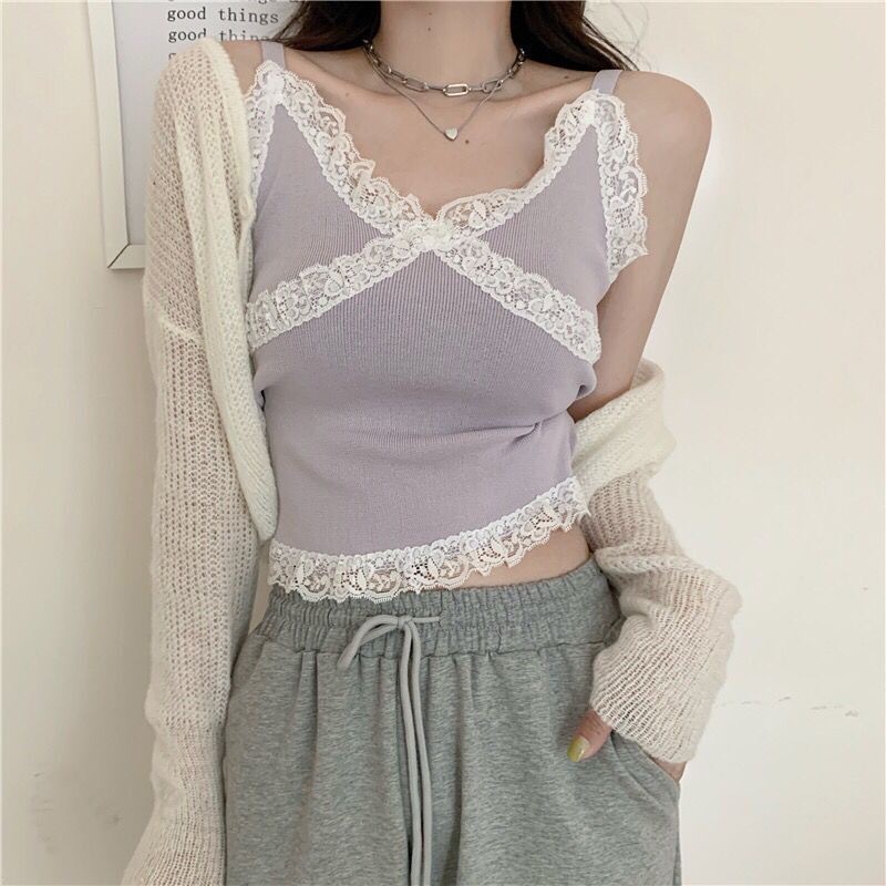 Áo Hai Dây Dệt Kim Cổ Chữ v Phối Ren Màu Tương Phản Dễ Thương