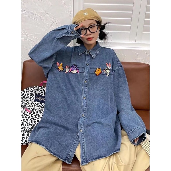 Áo Sơ Mi Bò Nữ Dài Tay Thêu Họa Tiết Gấu Hoạt Hình, áo khoác jean form rộng cá tính đi học đi chơi