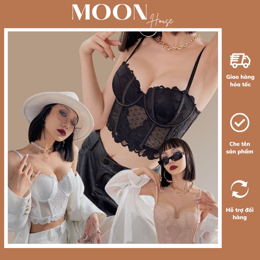 Áo bra nữ vải trơn phối ren hoa cao cấp dáng lửng có gọng nâng ngực sexy, áo corset định hình phối ren hoa MOON HOUSE