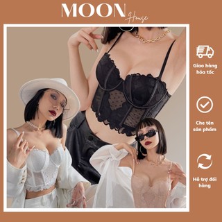 Áo bra nữ vải trơn phối ren hoa cao cấp dáng lửng có gọng nâng ngực sexy, áo corset định hình phối ren hoa MOON HOUSE
