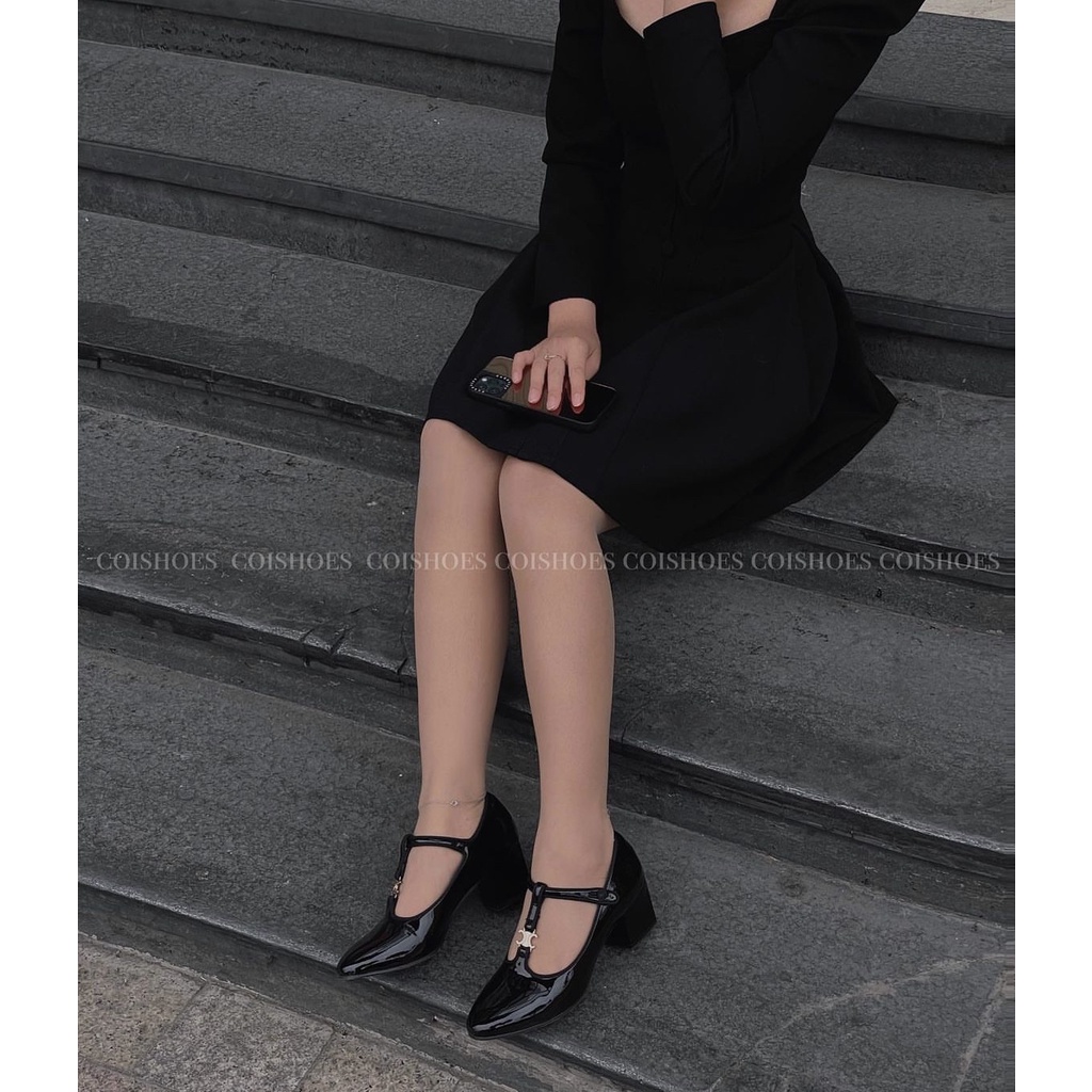 Giày Cao Gót Nữ Quai Chữ T Da Bóng Hot Trend - Giày Cao Gót Đế Vuông 5 Phân T-Bar Màu Đen - Cói Shoes