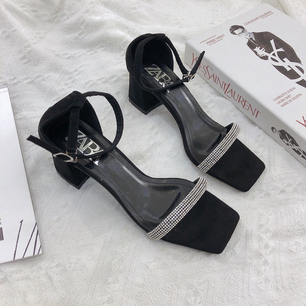 Giày Sandal gót vuông - Sandal Za Rà Quai Ngang Đính Đá Hạt Cao 5p VNXK