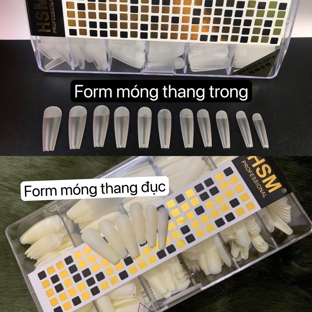 Móng úp HSM chính hãng loại mặt nhám sẵn - Hộp 500 móng úp đủ size, đủ form thang, vuông, nhọn, bầu