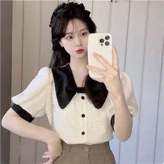 Áo sơmi xốp cổ nơ phối ngọc trai, phong cách tiểu thư