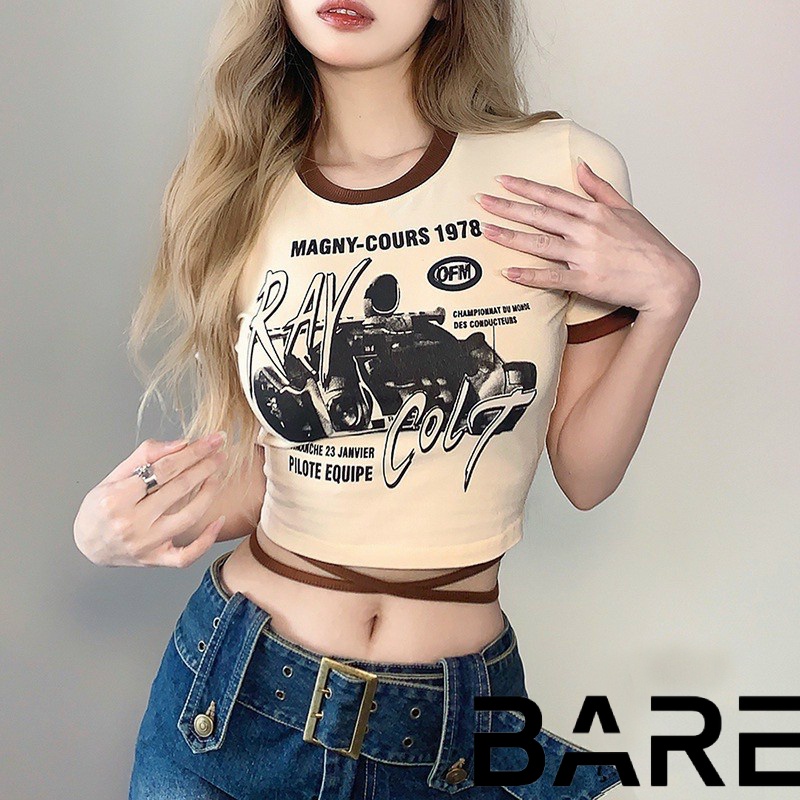 Áo Croptop Ôm Body Nữ BARE Cổ Tròn Tay Ngắn, Áo Thun Croptop Kiểu Sexy In Họa Tiết RAY COTL - AO037