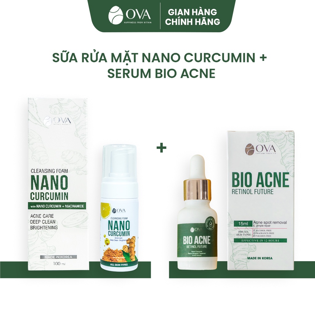 Set quà Ova chăm sóc da toàn diện, Sữa rửa mặt Nano Curcumin, Tẩy da chết Bio Crubs, Kem Bio Acne