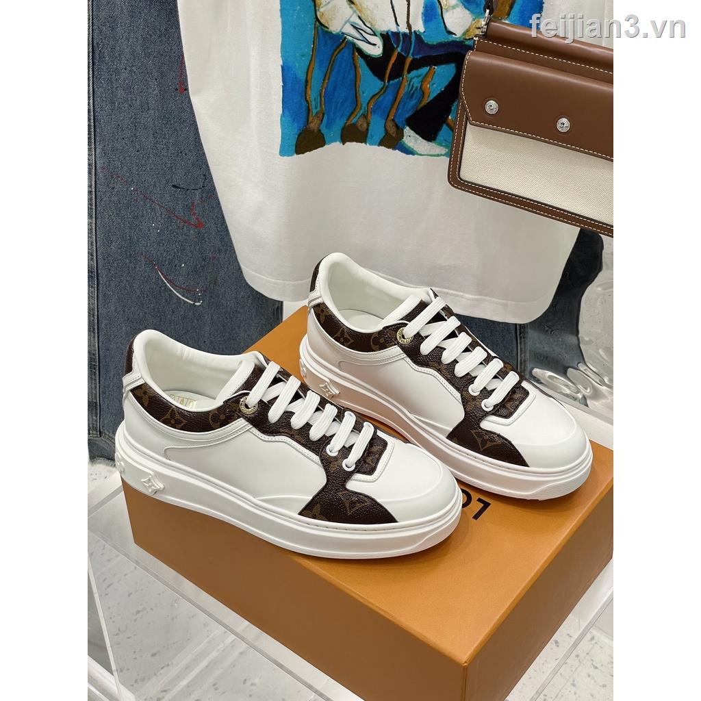 L-V Giày Thể Thao Đế Dày Buộc Dây Da Cừu Màu Trắng In Họa Tiết Trẻ Trung Thời Trang Thường Ngày Cho Nữ