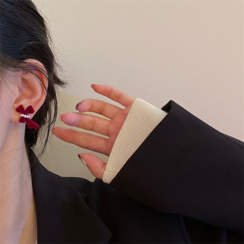 Bông Tai Mạ Bạc 925 Hình Nơ Đính Ngọc Trai Đơn Giản Dễ Phối Đồ