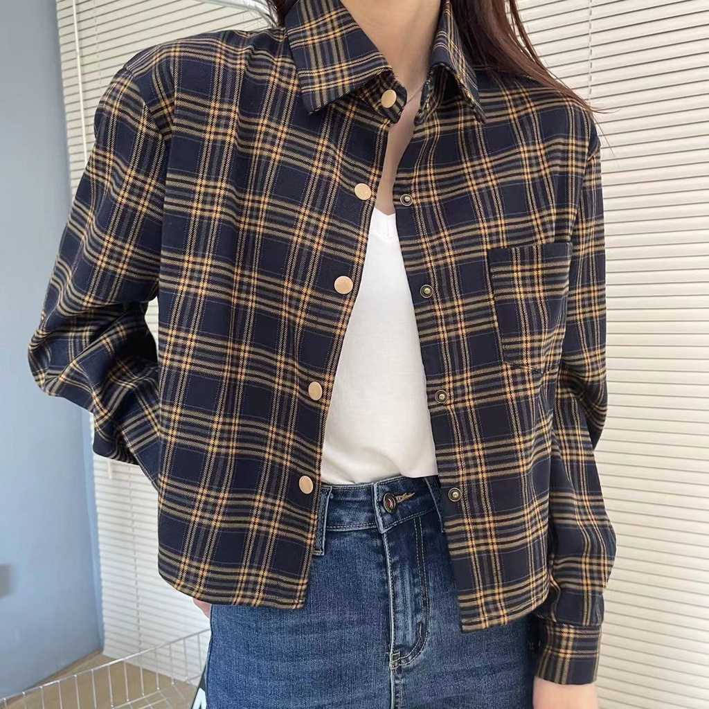 C & M Áo Sơ Mi Ngắn Kẻ Sọc Caro Tay Dài Dáng Rộng Phong Cách Retro Thường Ngày Cho Nữ