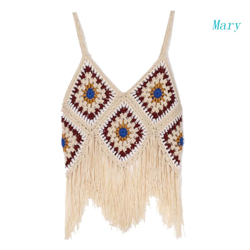 Áo Croptop Len Móc Không Tay Cổ Chữ V Viền Tua Rua Họa Tiết Kẻ Ô Đính Kim Cương Phong Cách Boho