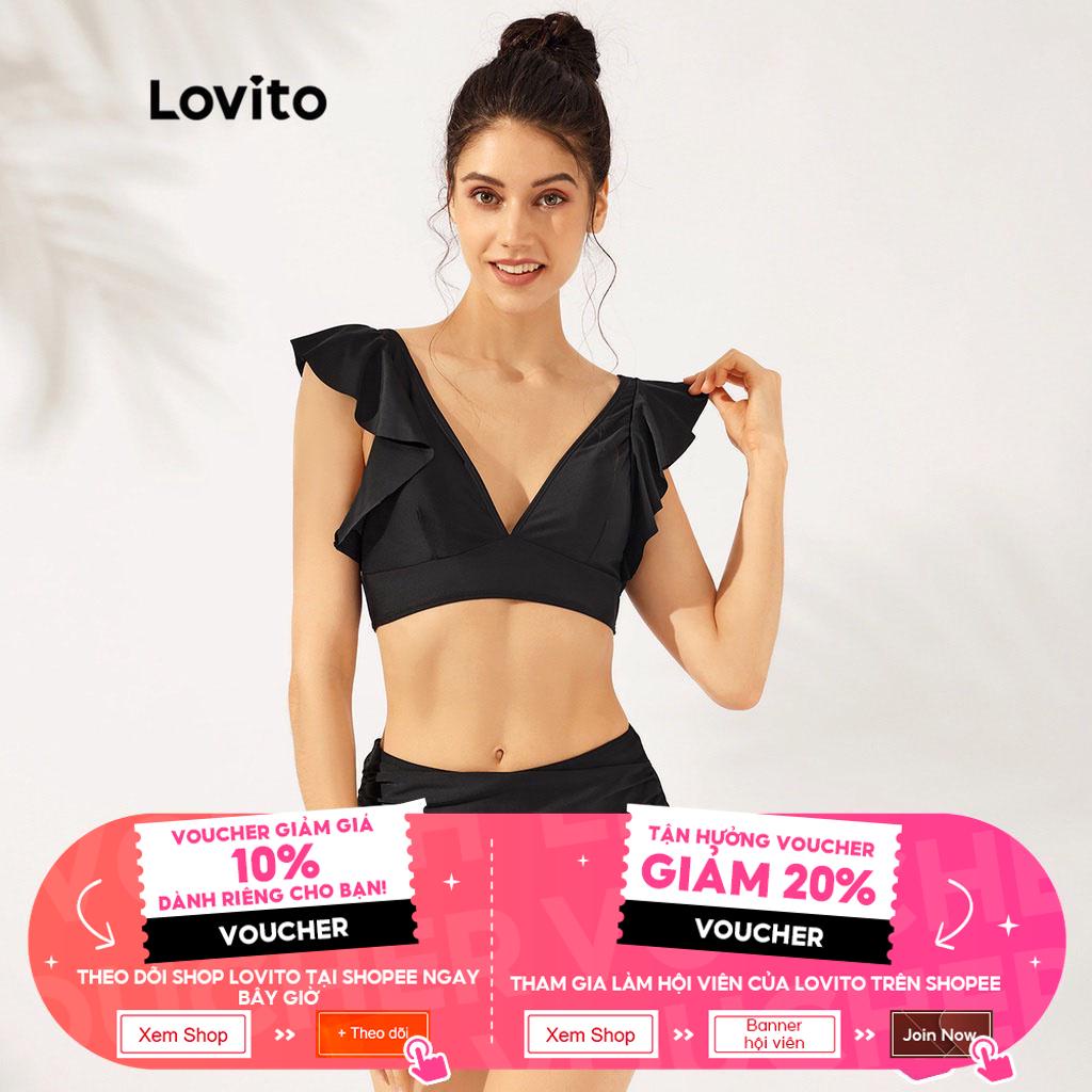 Set bikini Lovito cơ bản viền nhún bèo cổ chữ V với miếng đệm có thể tháo rời L23AD056 (màu đen)
