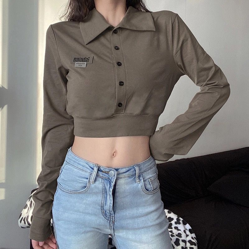 Áo kiểu COZOKC cổ polo dáng ngắn phong cách cổ điển cá tính