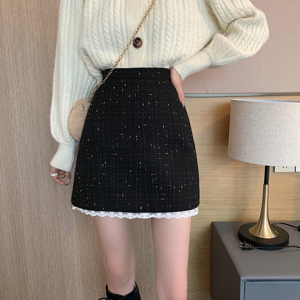 Chân Váy Ngắn Lưng Cao Phối Ren Phong Cách Hàn Quốc Thời Trang Thu Đông Mới Cho Nữ