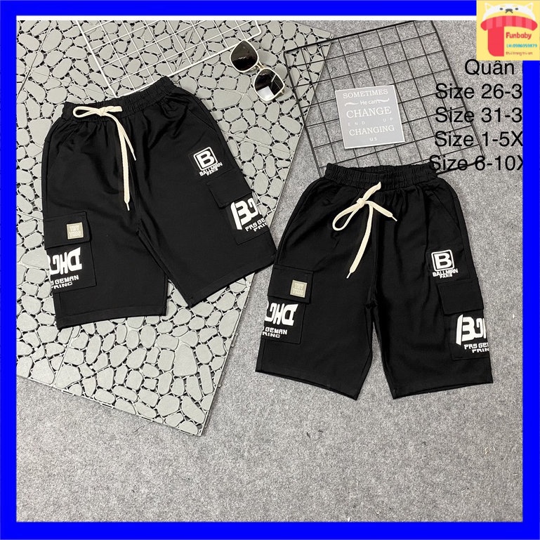Quần lửng bé trai size đại 7-12 tuổi vải UMI hàn túi hộp in chữ, Quần cộc cho bé kiểu dáng thời trang