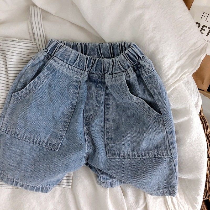 Phong cách hàn quốc quần short trẻ em phong cách mỏng phong cách mùa hè hè mùa hè phong cách denim co giãn màu xanh đậm thời trang giặt quần denim năm điểm
