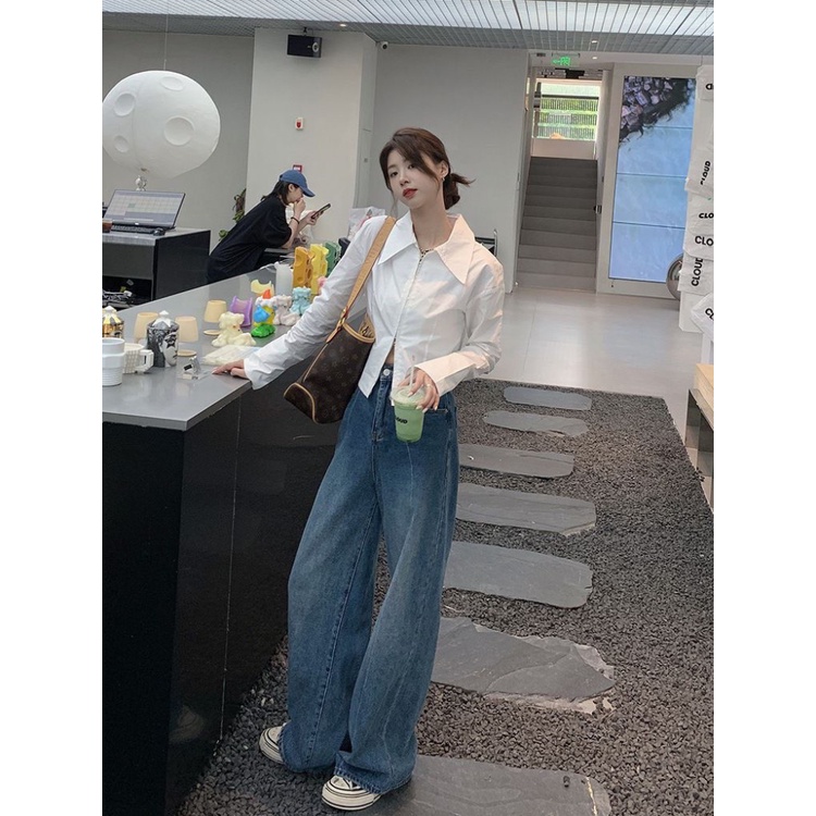 Áo sơ mi croptop nữ màu trắng niche thiết kế cảm giác xếp lớp bên trong áo sơ mi dài tay áo sơ mi nữ màu trắng