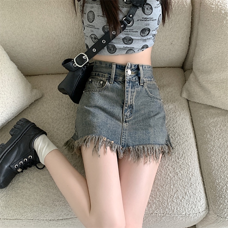 chân váy jean đầm denim lưng cao phối tua rua phong cách retro thời trang cho nữ