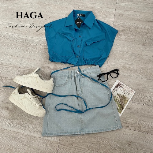 Áo sơ mi nữ cộc tay HAGA croptop dáng rộng rút eo phong cách Hàn Quốc SMCTBE74
