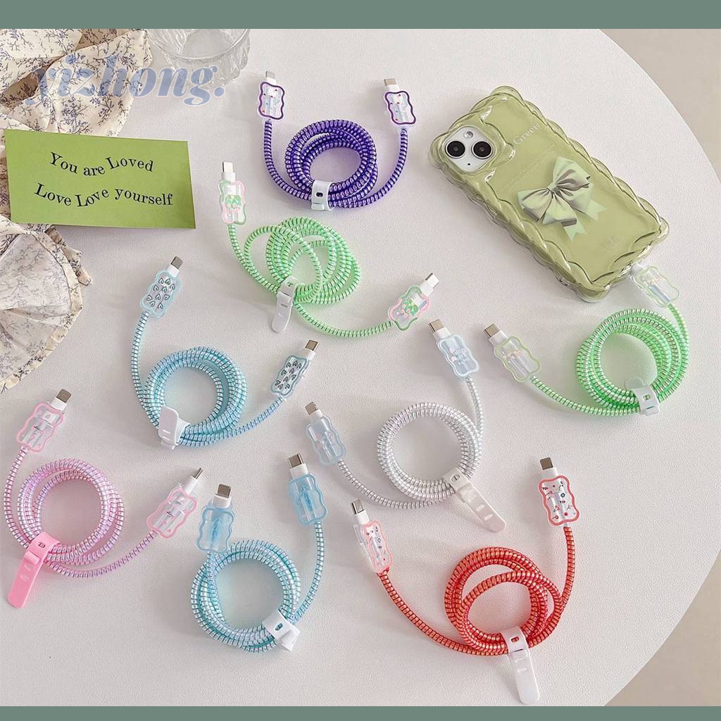 Bộ 4 Phụ Kiện Bọc Dây Cáp Sạc Hình Hoa Tulip Trái Tim Màu Hồng Viền Gợn Sóng Cho iPhone Android Type-C