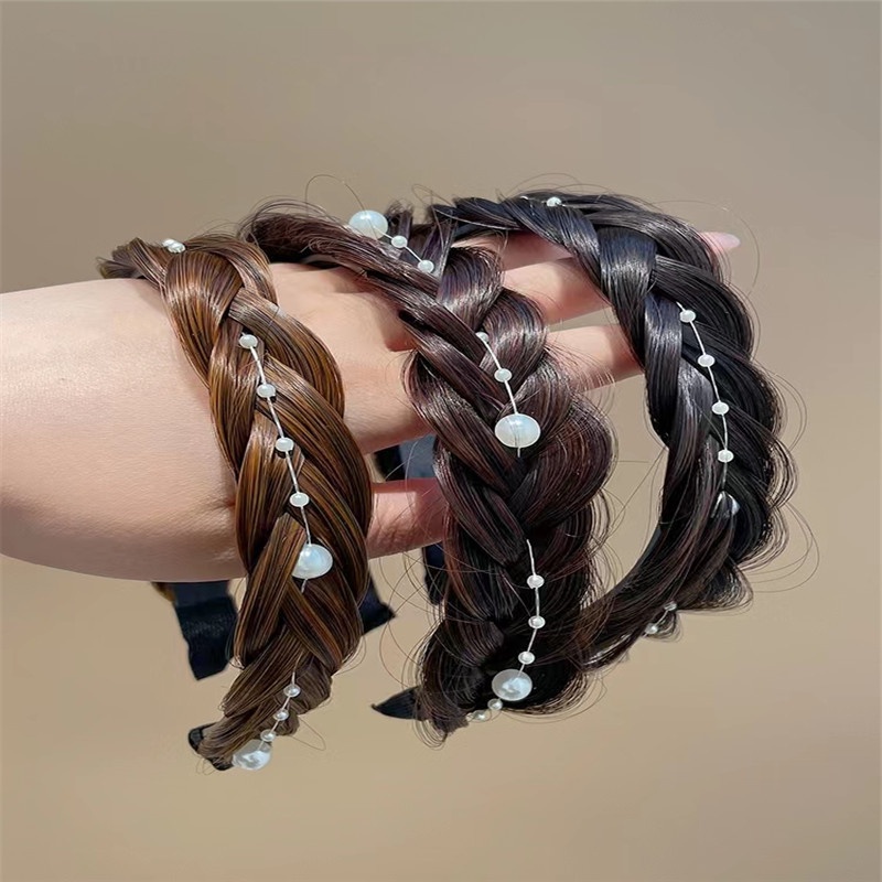 Băng Đô Dạng Tóc Giả Thắt Bím Đính Ngọc Trai Chống Trượt Thời Trang Cho Nữ