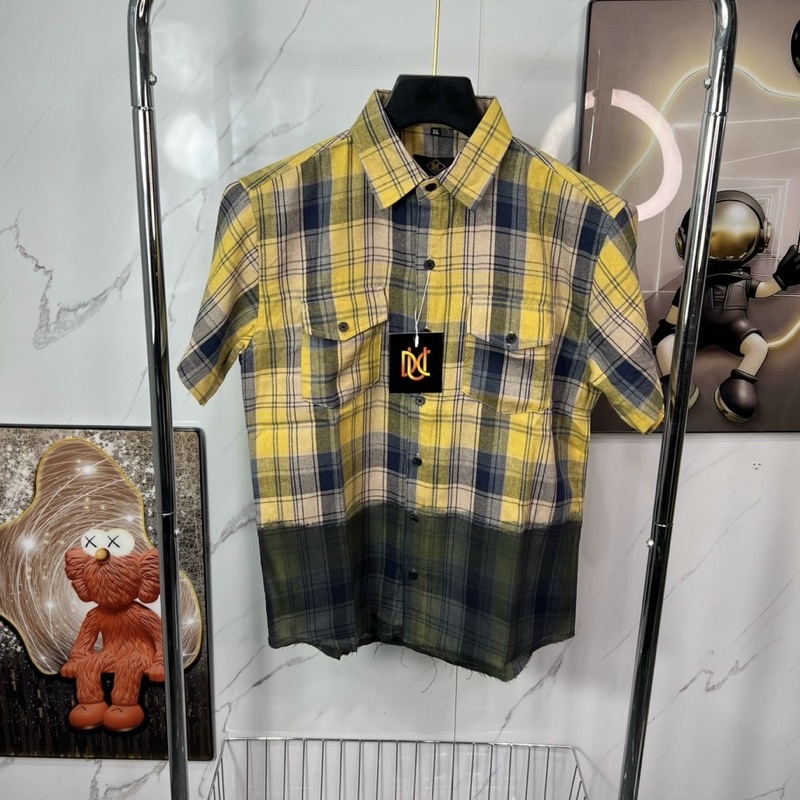 Áo sơ mi nam bbr ngắn tay loang màu rách gấu kẻ sọc caro nhiều , chất liệu cotton thấm hút mồ hôi cực kỳ tốt