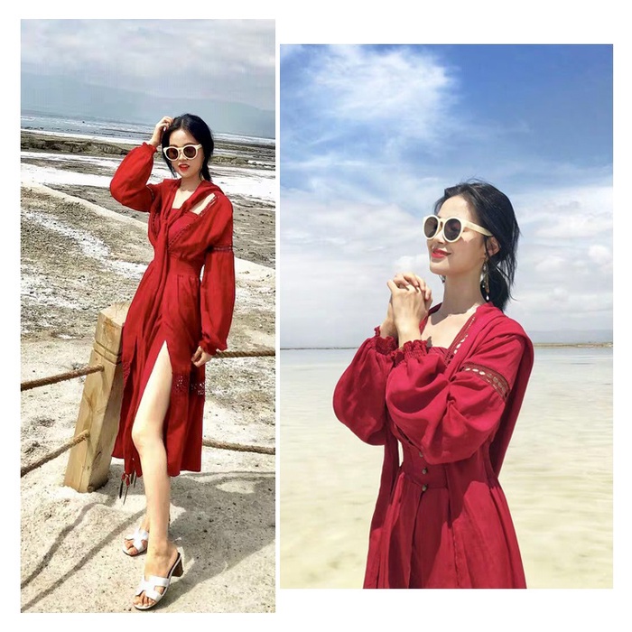 Váy maxi màu đỏ dáng dài xẻ tà đùi có mũ - MS105