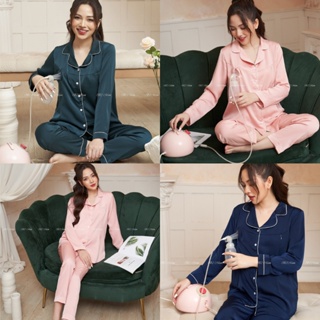 Bộ Pijama Bầu và Sau Sinh Lụa Ngọc Trai Dài Tay 2 Chức Năng Có Khóa Cho