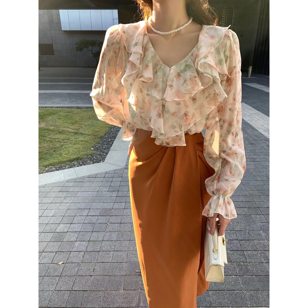 Hàng Mới Về Mới Áo Sơ Mi Nữ Tay Dài Cổ Chữ V In Hoa Thời Trang Hàn Quốc