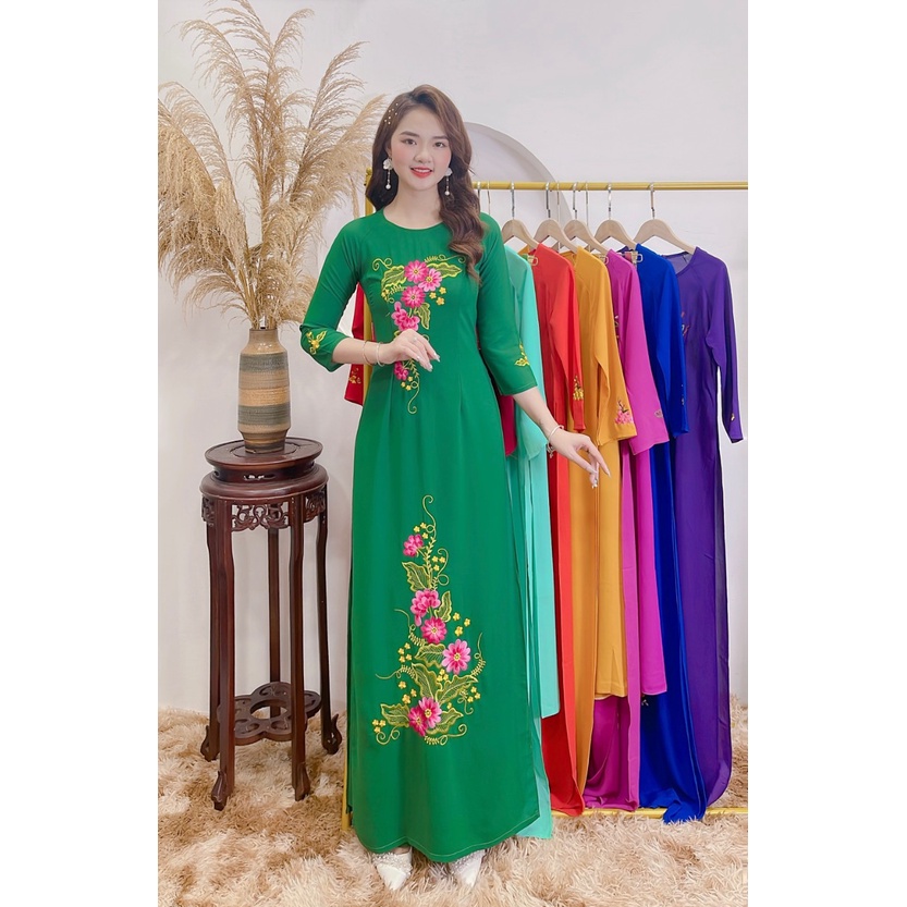 Áo dài Xanh thêu hoa Hồng Mềm Mại Vải Lụa Mỹ I Nét Áo Dài