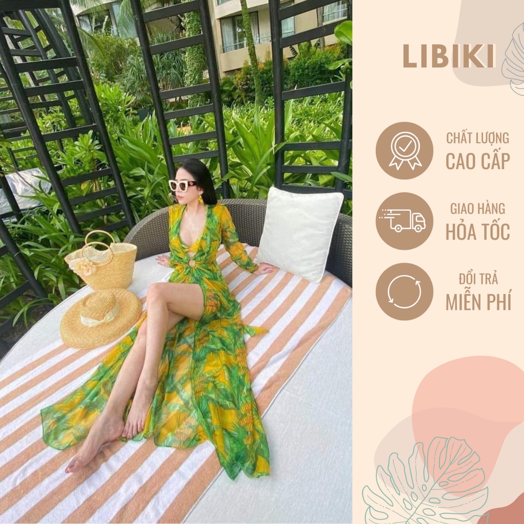 Set bikini chuối vàng xanh 3 chi tiết, có kèm áo choàng voan
