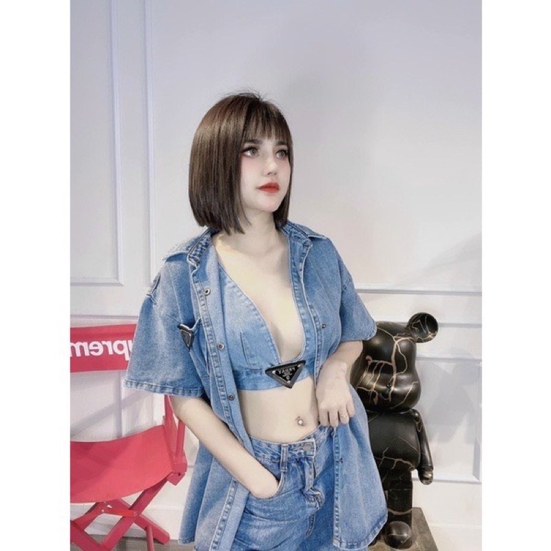 Áo sơ mi jean tay ngắn phối áo bra cá tính VIENS STORE