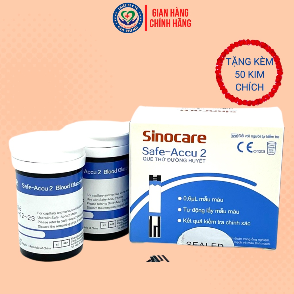 Que Thử Đường Huyết Safe Accu 2 Hộp 50 Que Tặng Kèm 50 Kim Chính Hãng Sinocare