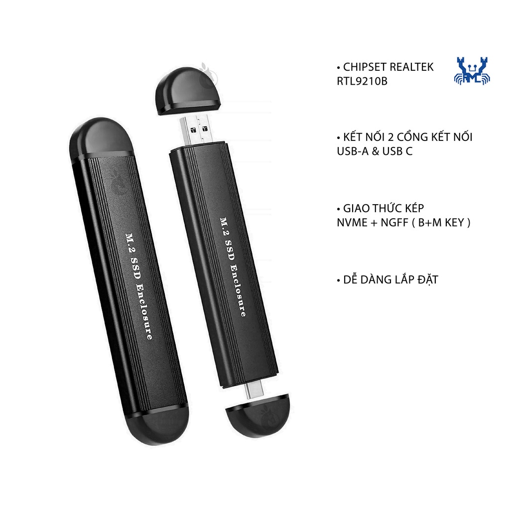 BOX Ổ CỨNG M.2 NVME GIAO THỨC KÉP ( B+M KEY ) , KẾT NỐI KÉP ( TYPE-A & TYPE C) | CHIPSET REALTEK RTL9210B