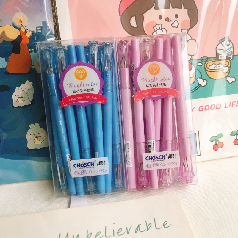 Hộp 12 cây bút Chosch 956 mực tím/xanh ngòi 0.5mm viết êm mực đều