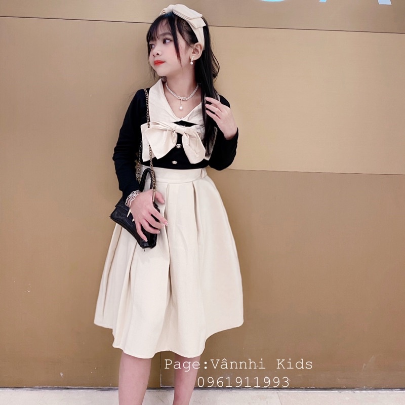 Set áo nơ + chân váy dài Tiểu Thư vingate cho bé size đại 17kg-41kg