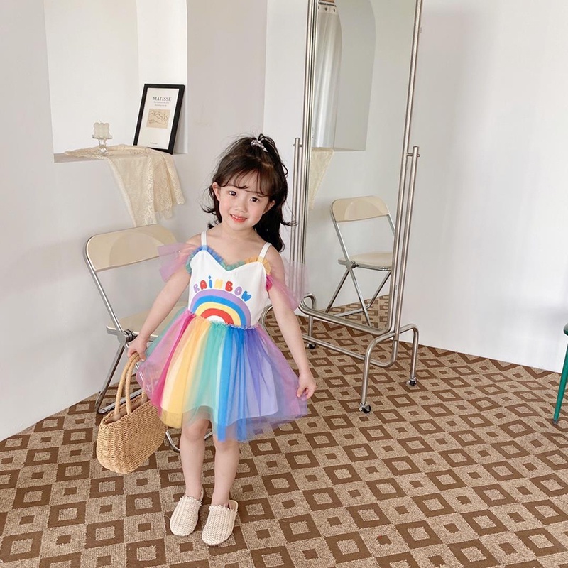 Đầm công chúa IQ ANGEL hai dây họa tiết hoa màu cầu vồng xinh xắn cho bé gái