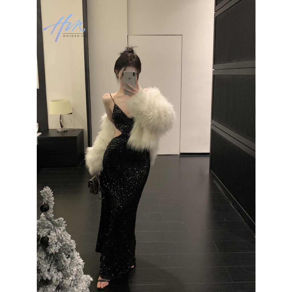 Hhjdxd Đầm Hai Dây Dáng Dài Đính Kim Sa Màu Đen Thời Trang Mùa Xuân Quyến Rũ Cho Nữ