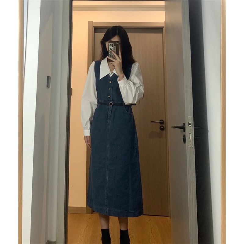 Set áo đầm denim dáng dài kết hợp thanh lịch kèm thắt lưng