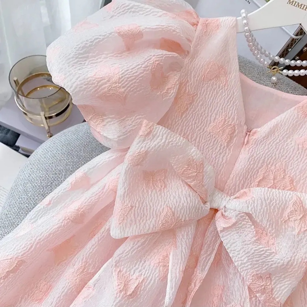 Đầm Công Chúa Tay Phồng Đính Nơ Thời Trang Cho Bé Gái 0-9 Tuổi