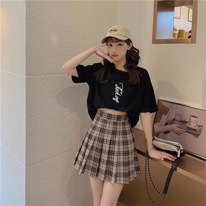 IELGY   Chân Váy Xếp Ly Lưng Cao Họa Tiết Kẻ Sọc Thời Trang Cho Nữ