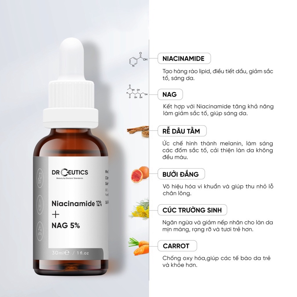 Serum Giảm Thâm DrCeutics Niacinamide 12% + NAG 5%  Giảm Thâm Sáng Da Kiềm Dầu 30ml - 100ml