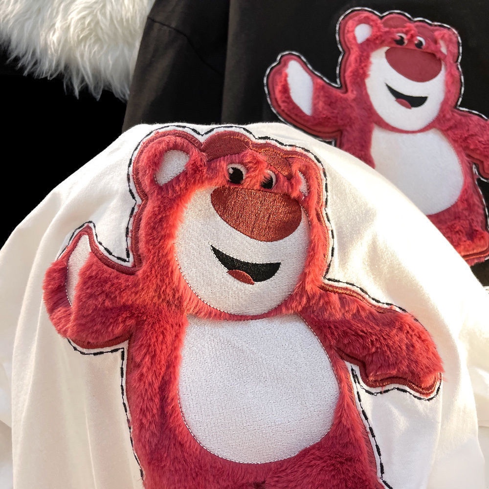 Áo Thun Cotton Tay Ngắn Dáng Rộng Thêu Hình Gấu Và Dâu Tây Dễ Thương Thời Trang Mùa Hè Cho Nữ
