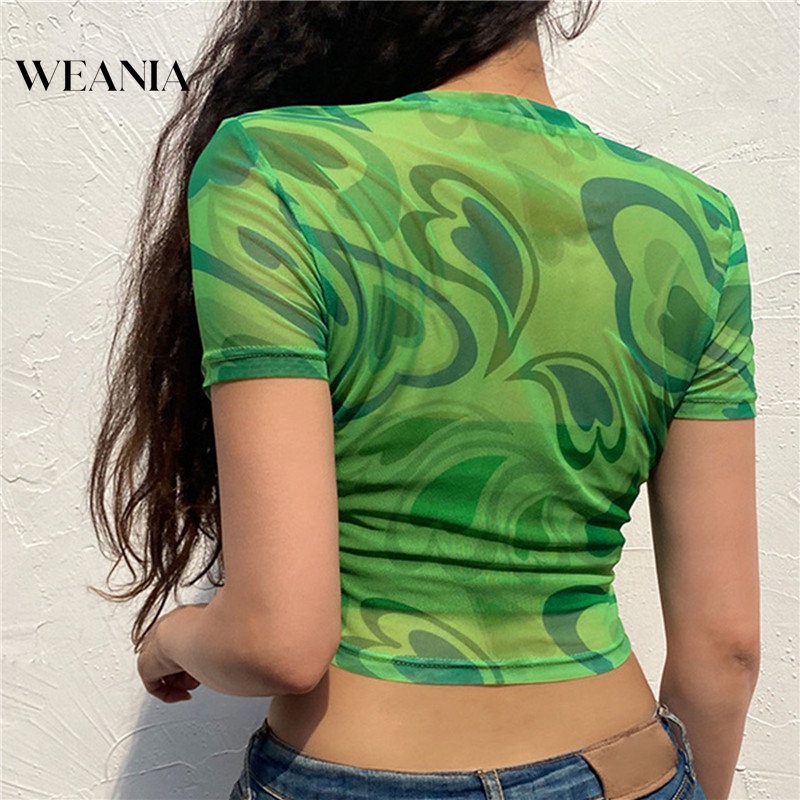 Áo Thun Lưới Crop Top In Họa Tiết Trái Tim Gợi Cảm Mùa Hè Cho Nữ