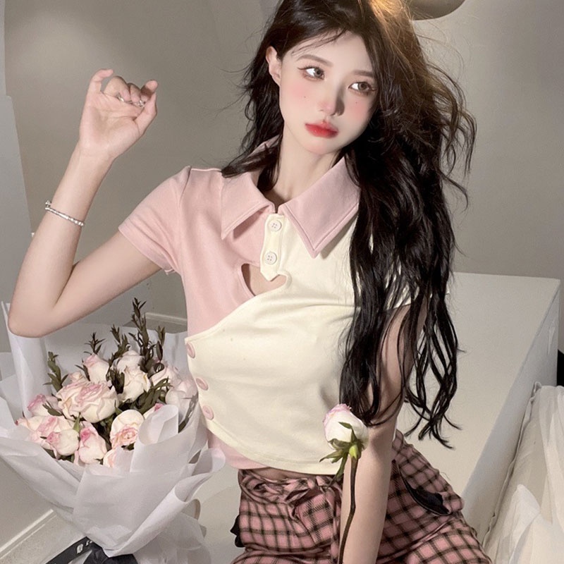 Áo polo Tay Ngắn In Hình Trái Tim Khoét Lỗ Thời Trang Cho Nữ