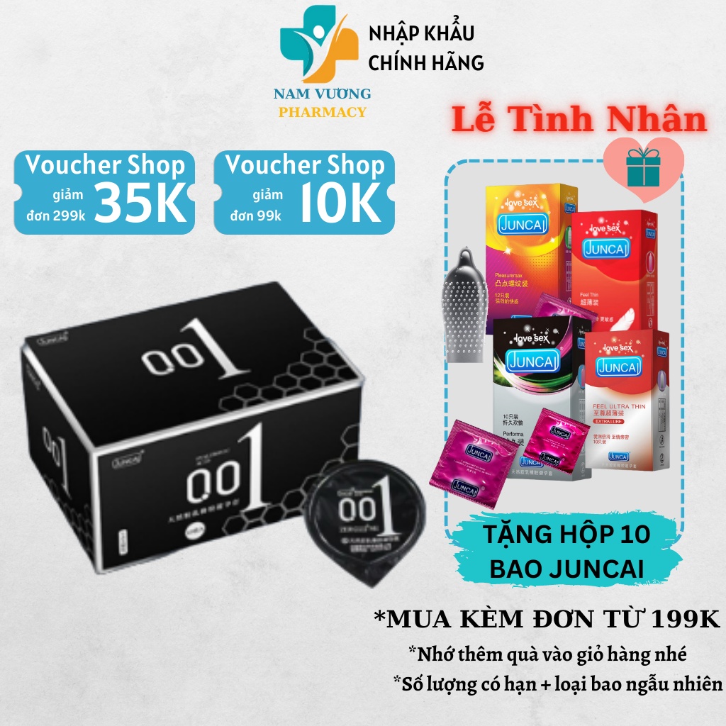 Bao cao su Juncai 001 Spot Particle Siêu mỏng Nhiều Gel bôi trơn Gai nhỏ Kéo dài thời gian Hộp 10 bao Nam Vương Pharmacy