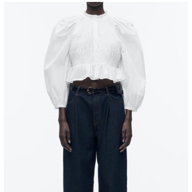 Zara Áo Sơ Mi Ngắn Cổ Tròn Nhún Bèo Trước Thiết Kế Hàng Nút Thời Trang Mùa Xuân 237969026