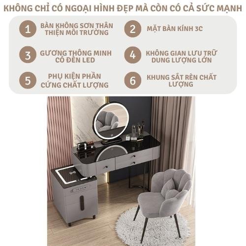Bàn trang điểm kèm gương đèn Led cảm ứng 3 màu hiện đại, bàn phấn có tủ và ngăn kéo, kèm loa bluetooth sặc không dây