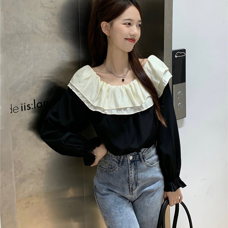 IELGY Áo Kiểu Trễ Vai Phối Bèo Phong Cách Pháp Thời Trang Cho Nữ